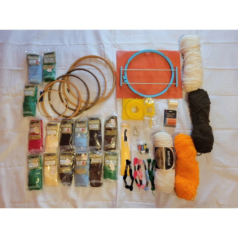 Vintage Needlework Lot Caron Rug Yarn Embroidery Hoops Sayelle Pom Pom Maker